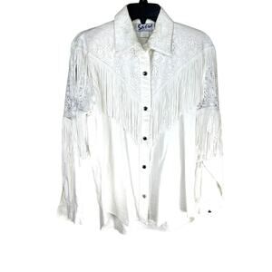 Vintage Western Fringe Lace Shirt Women’s Small White Cowboy Rodeo Blouse